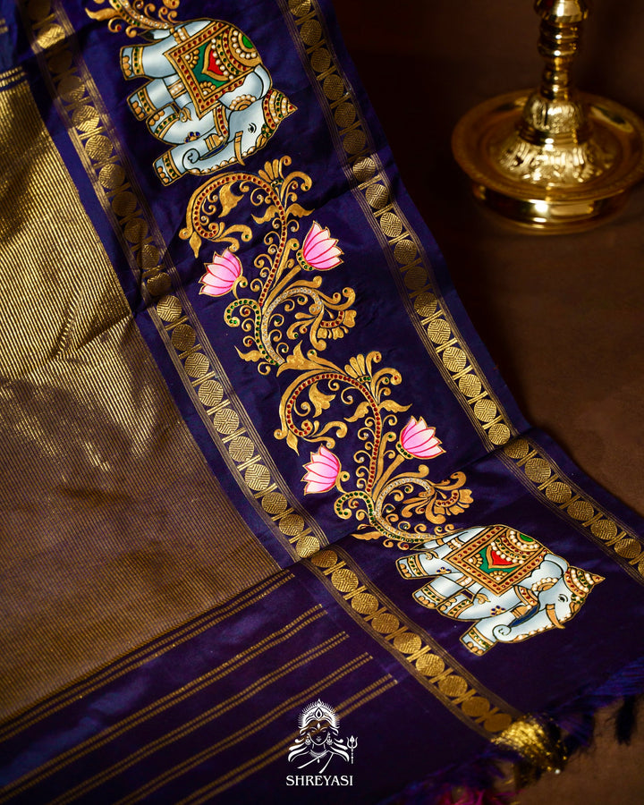 Traditional Tanjore Painting on Handloom Pure Kanjivaram Silk Sarees with Real Zari