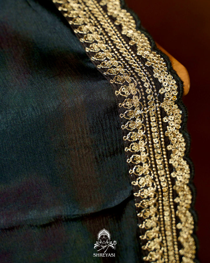 Pure Chinon Satin Saree with Floral Print and Embroidered Borders