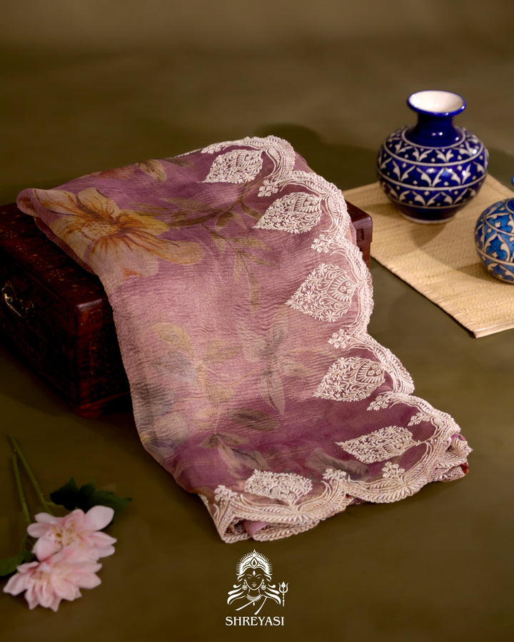 Handloom Pure Crushed Ektara Tissue Silk Saree with Floral Print and Scallop Embroidery