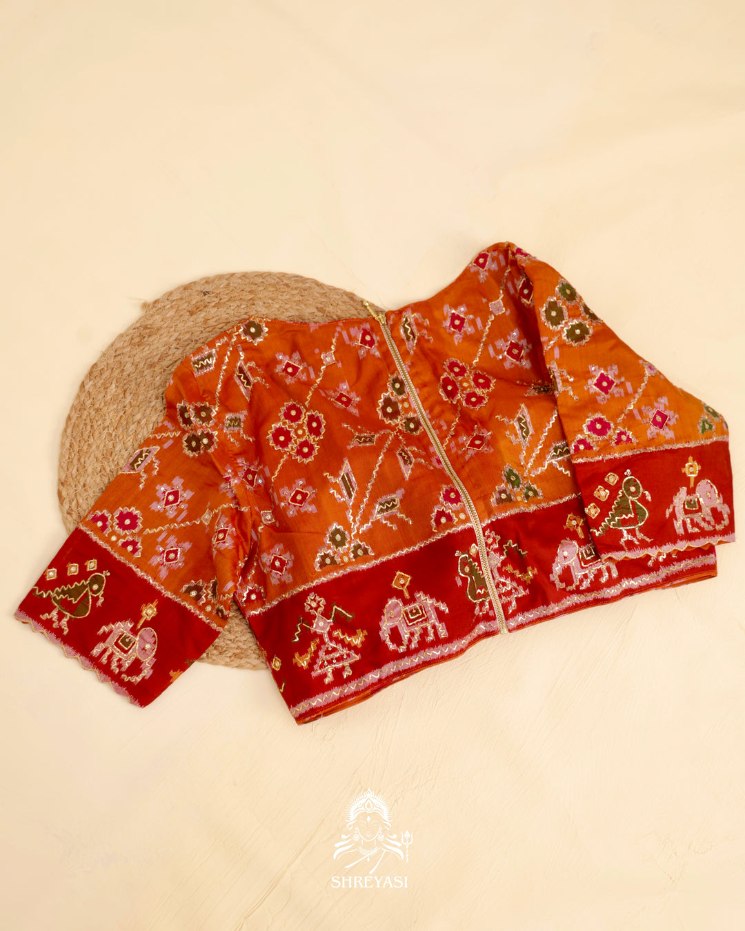 Rajkot Patola single ikat silk blouse with geometric motifs and pita embroidery