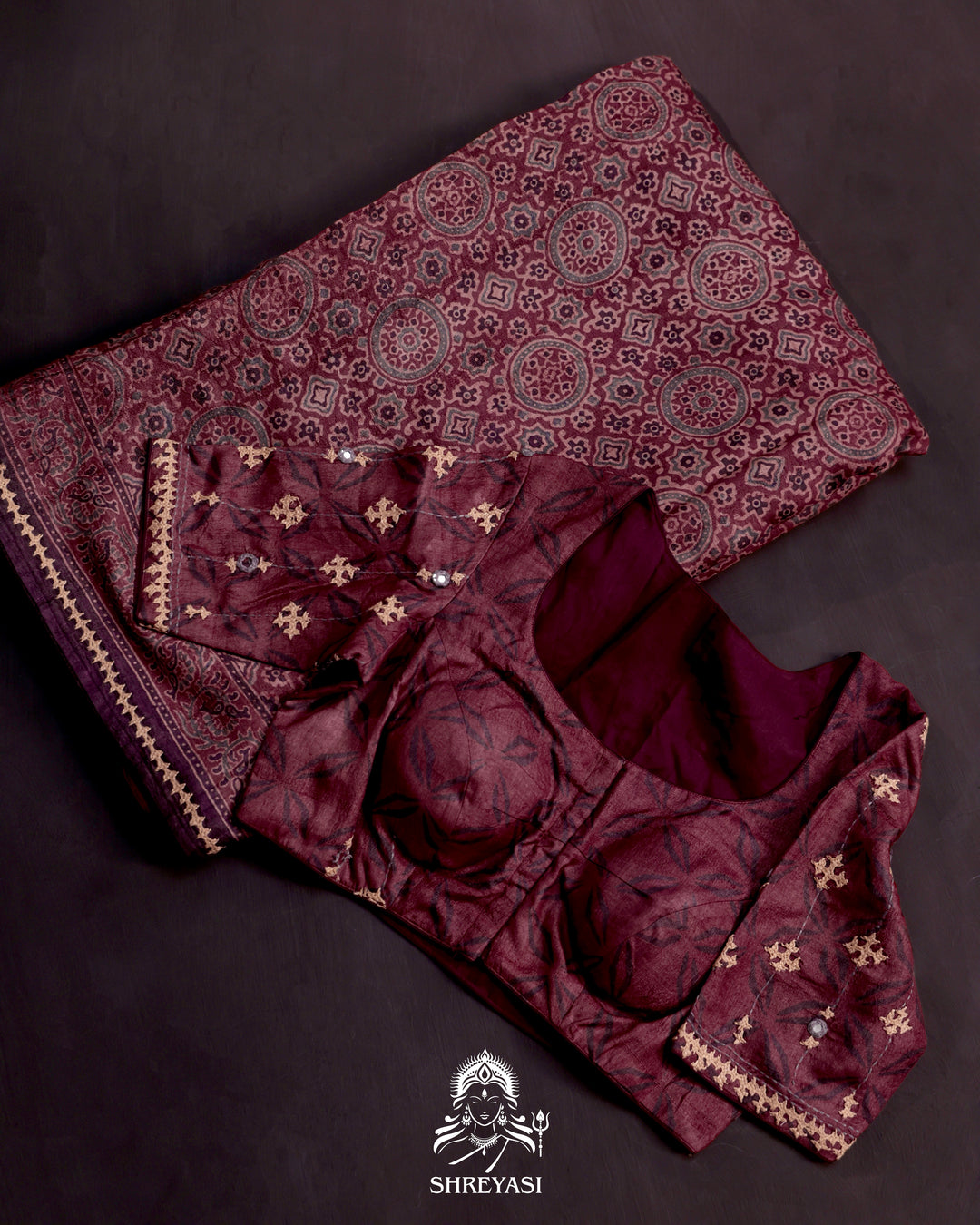 Ajrakh Silk Saree with Kutch Embroidery and Mirror Work