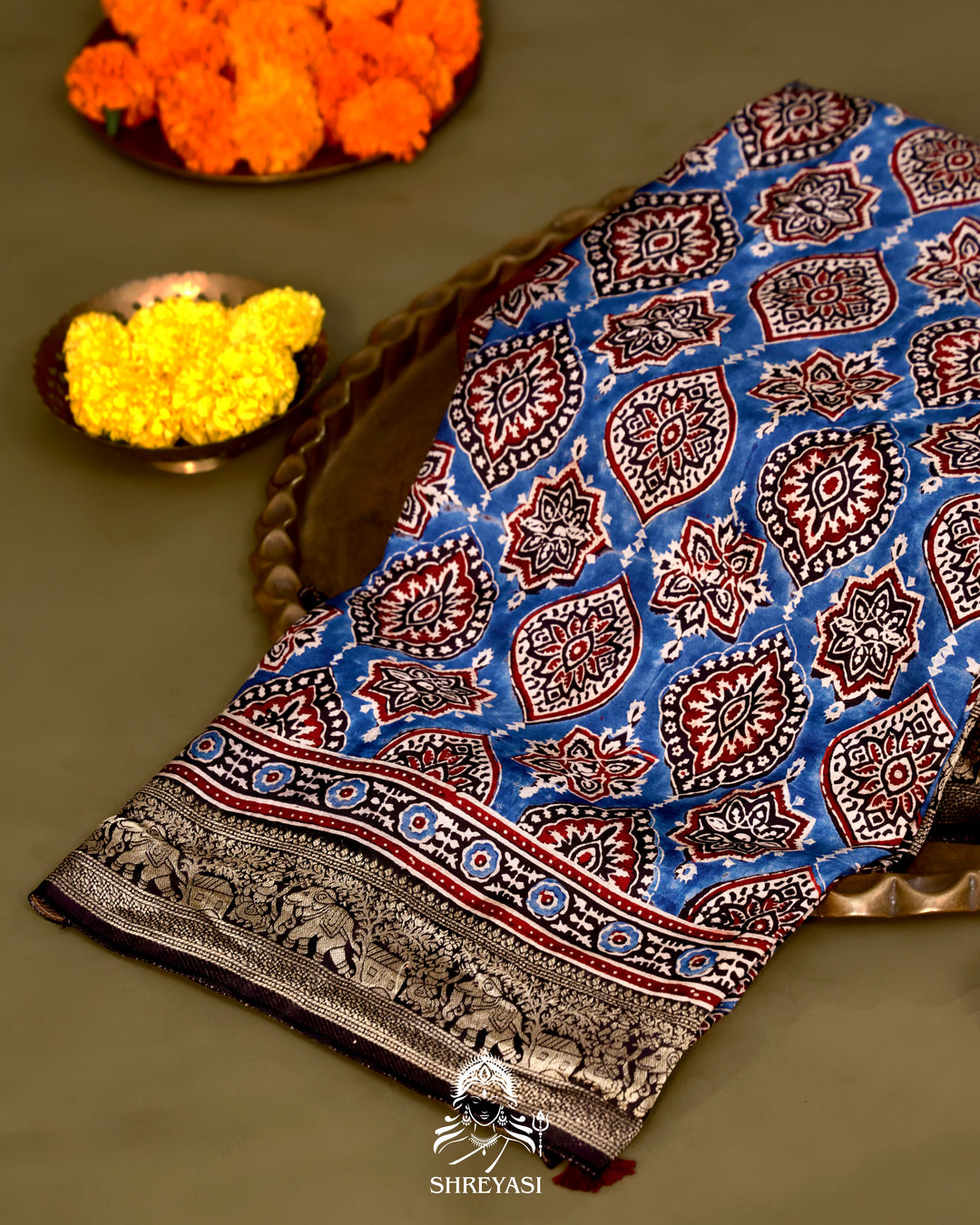 Hand Block Printed Ajrakh Dola Silk Saree with Zari Brocade Blouse