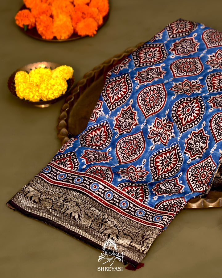 Hand Block Printed Ajrakh Dola Silk Saree with Zari Brocade Blouse