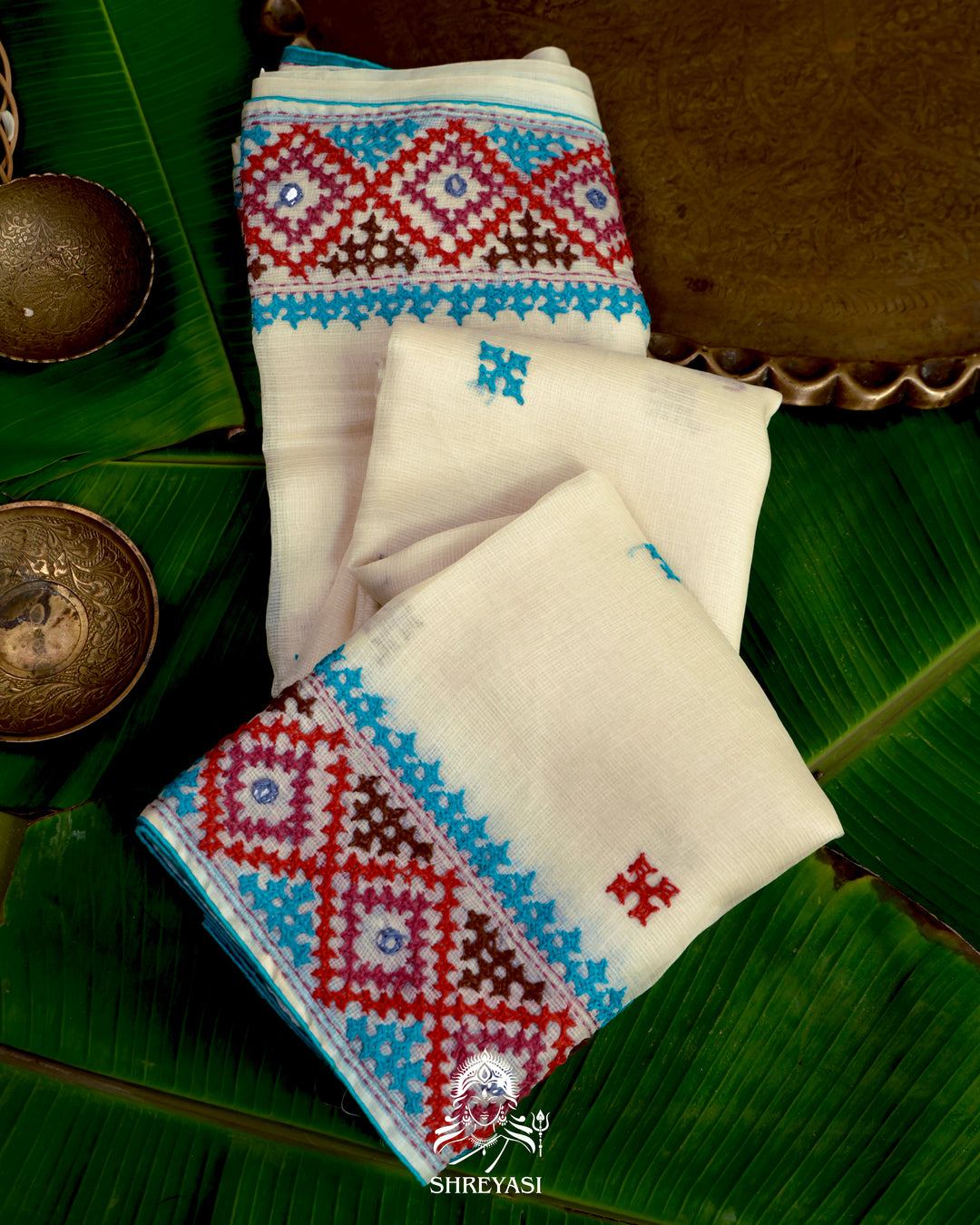 Handloom Pure Tussar Kota Saree with Kutch Hand Embroidery and Mirror Work