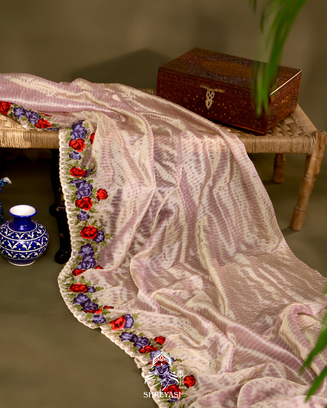 Chanderi Tissue Saree with Pita & Thread Floral Embroidery