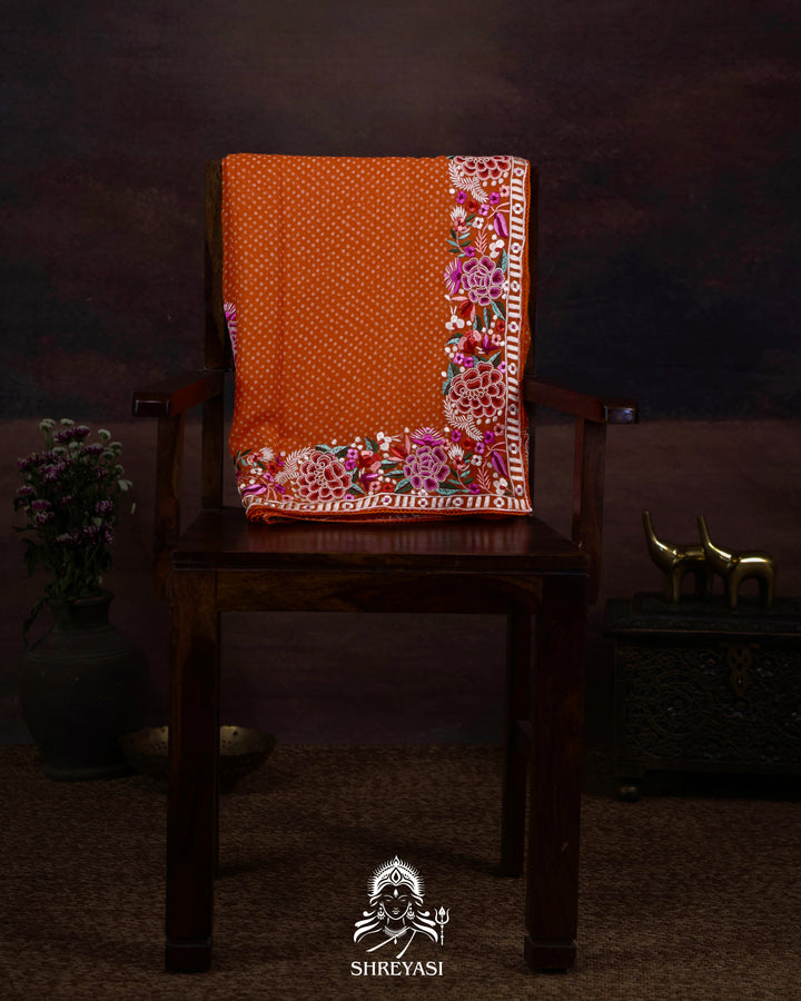 Pure Georgette Saree with Parsi Gara Style Embroidered Borders and Bandhej Body