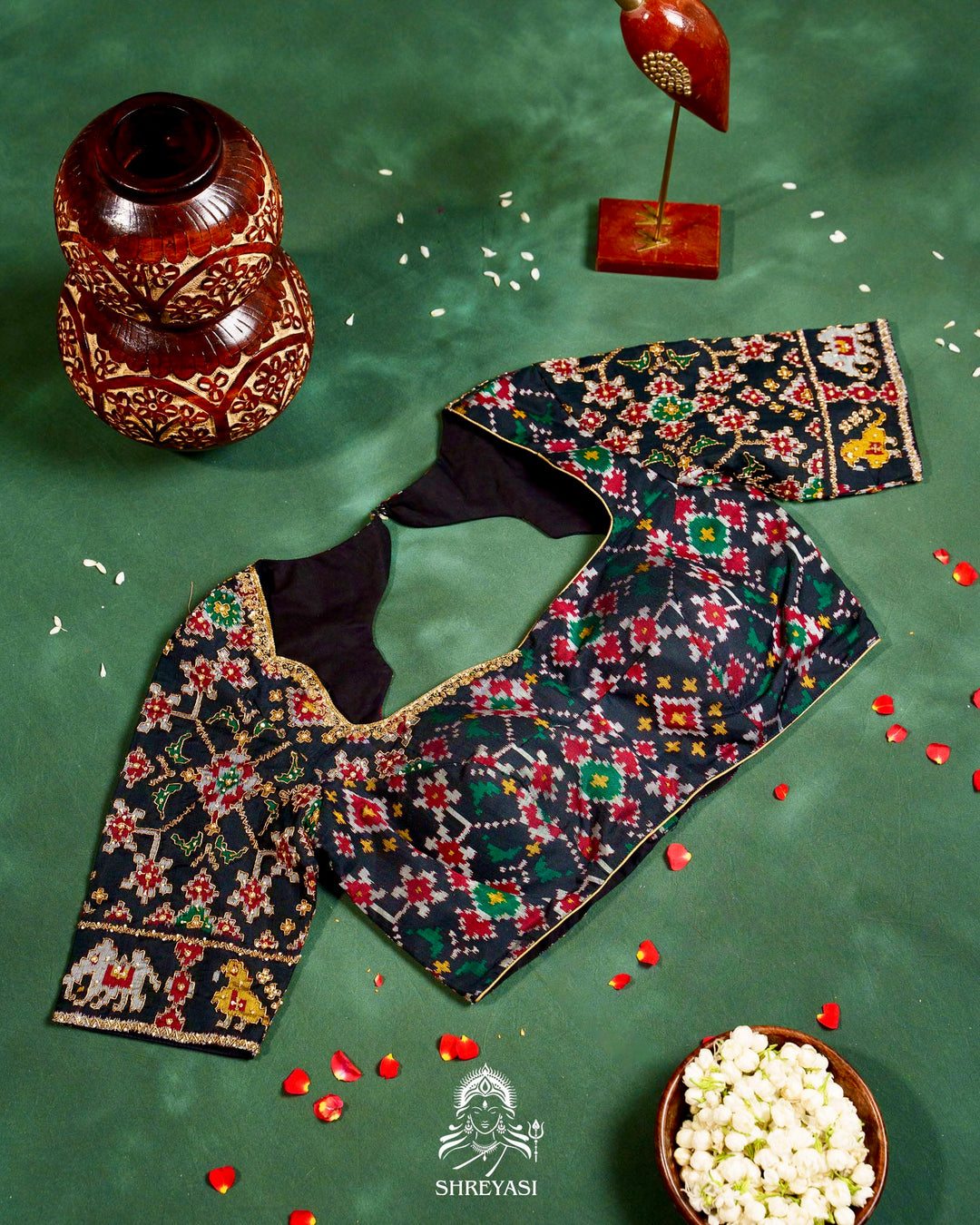 Handloom Pure Single Ikat Rajkot Patola Silk Blouse with Rich Hand Embroidery