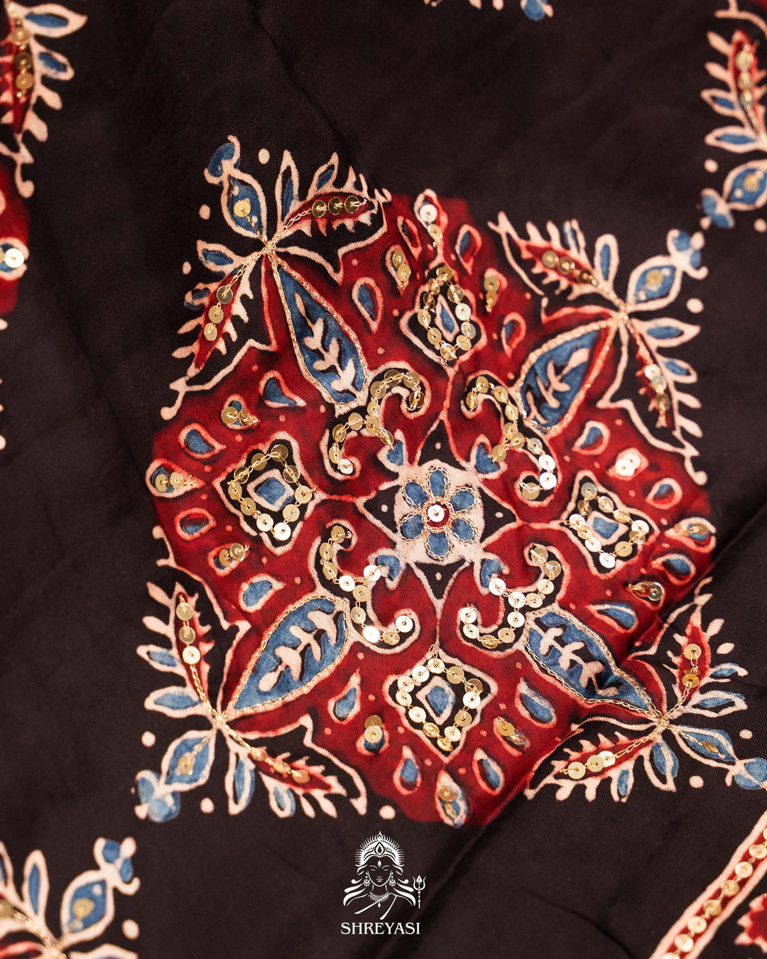 Handloom Pure Modal Silk Ajrakh Hand Block Printed Saree with Natural Dyes, All Over Aari Embroidery & Embroidered Borders