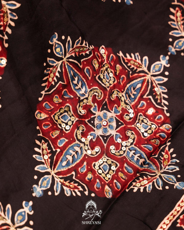 Handloom Pure Modal Silk Ajrakh Hand Block Printed Saree with Natural Dyes, All Over Aari Embroidery & Embroidered Borders