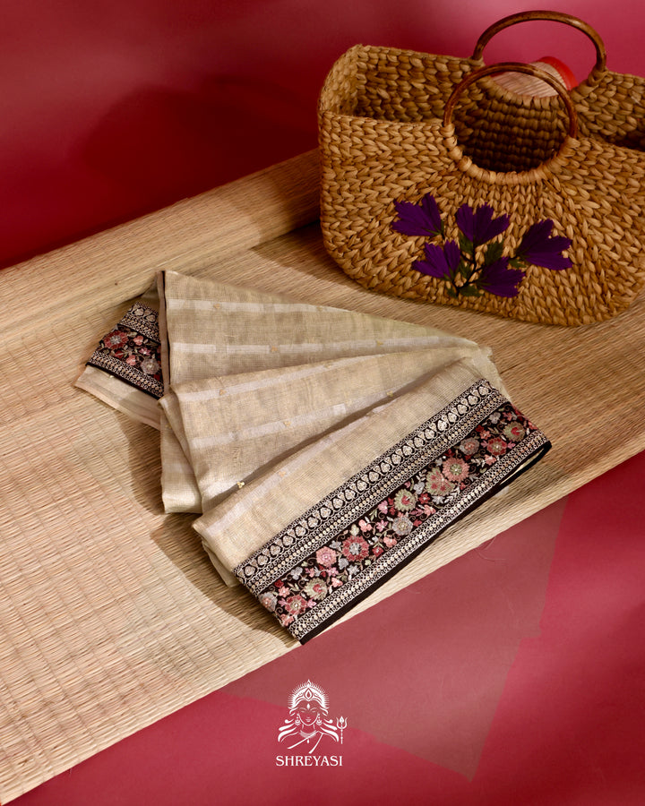 Banarasi Tissue Silk Saree with Floral Embroidered Border