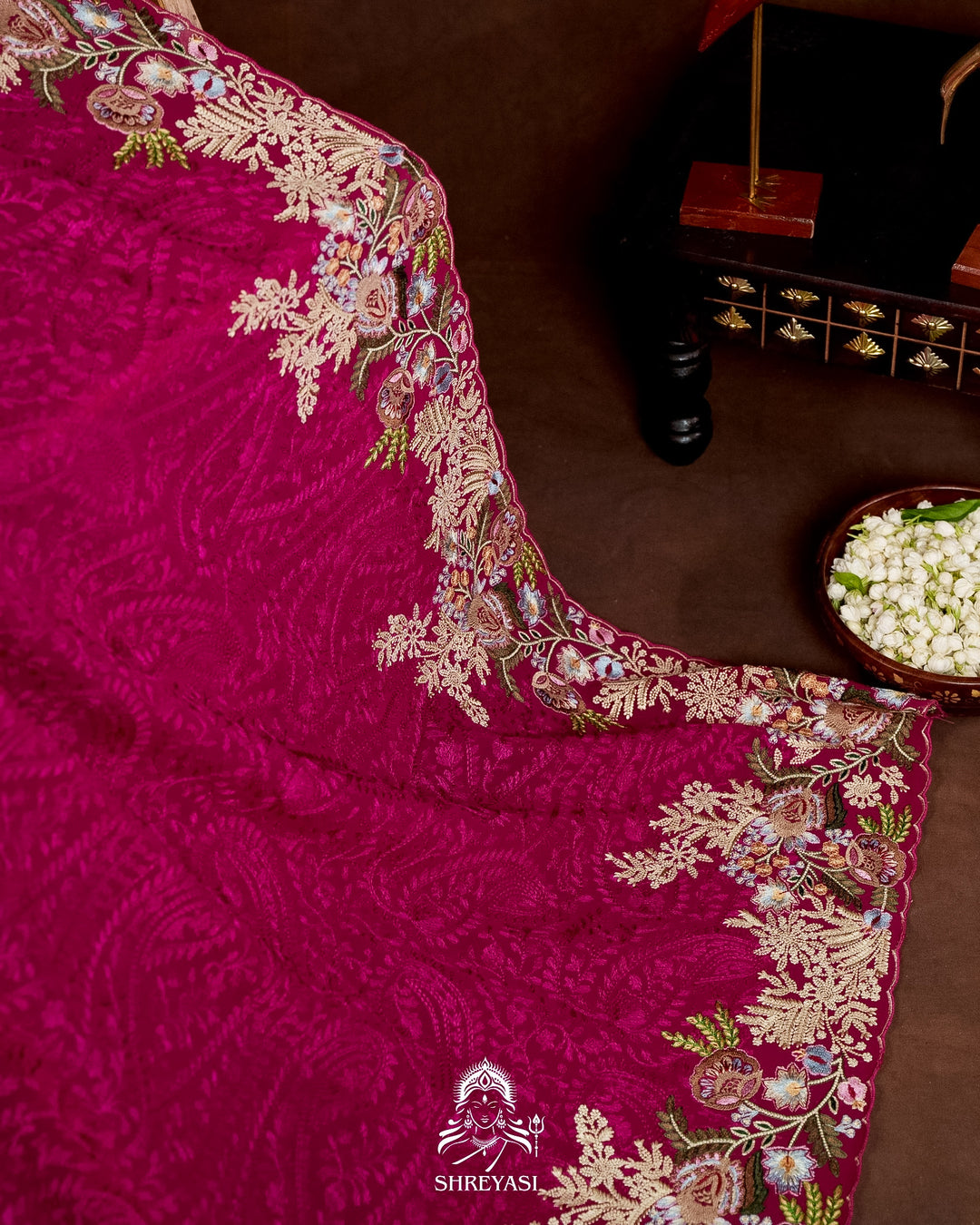 Premium Pure Georgette Chikankari Saree in Jewel Magenta with Embroidered Floral Borders