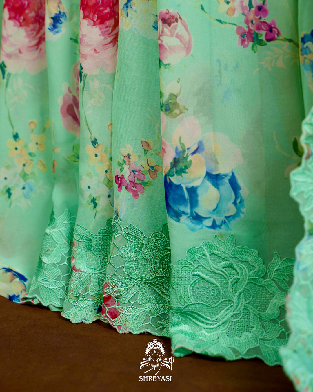 Pure Georgette Floral Saree with Chantilly Lace Embroidery Border