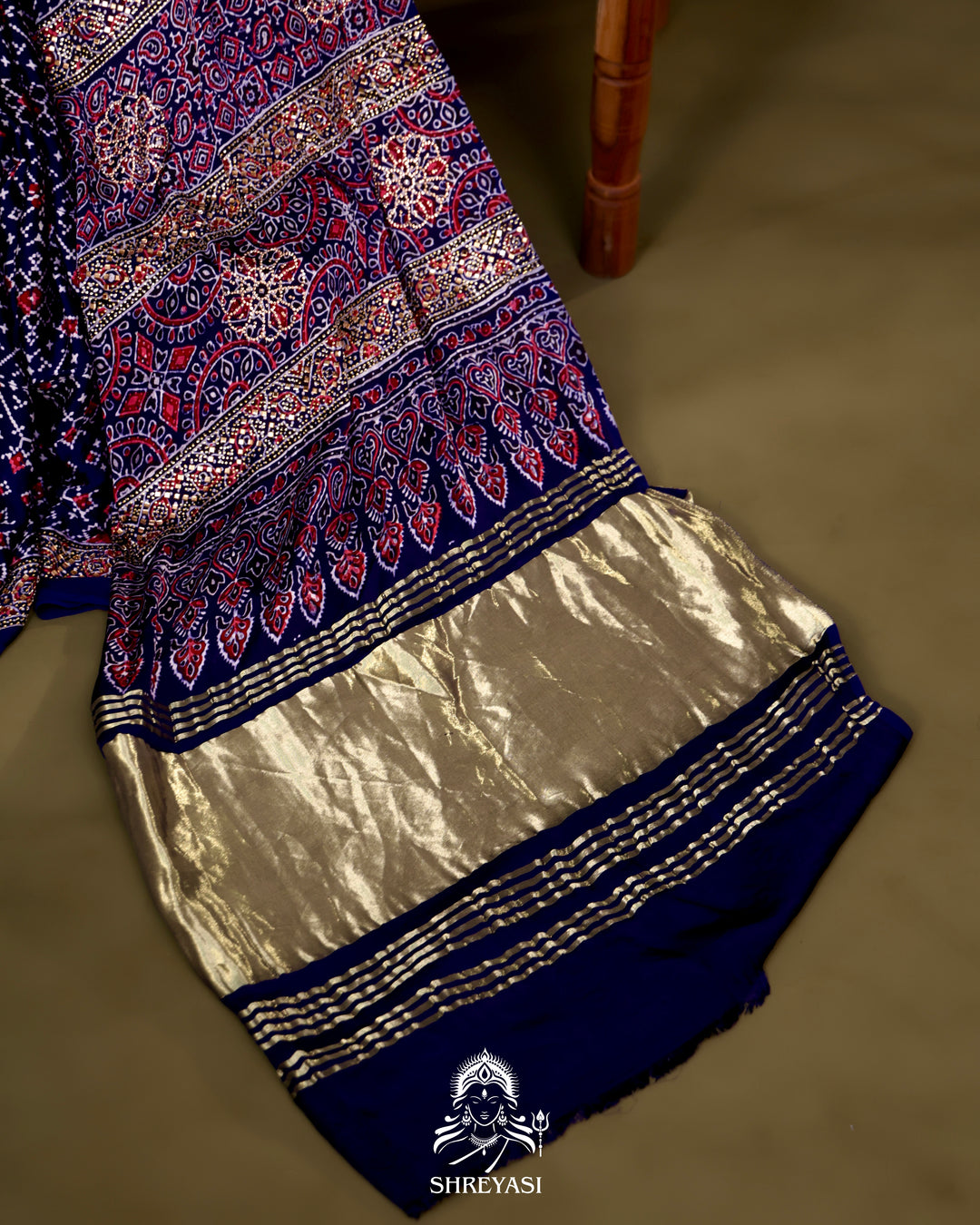 Pure Modal Silk Ajrakh Saree with Swarovski Crystal Embroidery