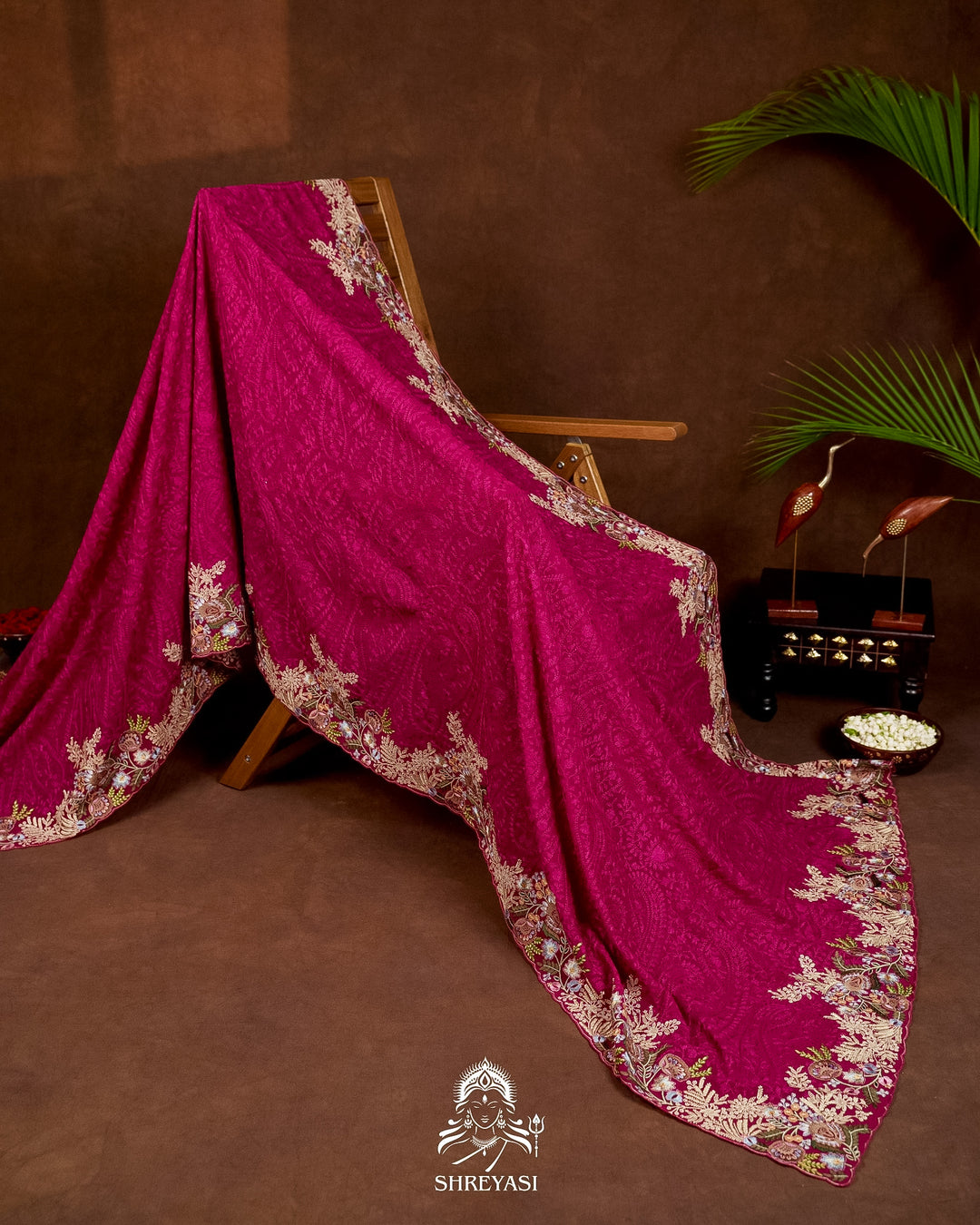 Premium Pure Georgette Chikankari Saree in Jewel Magenta with Embroidered Floral Borders