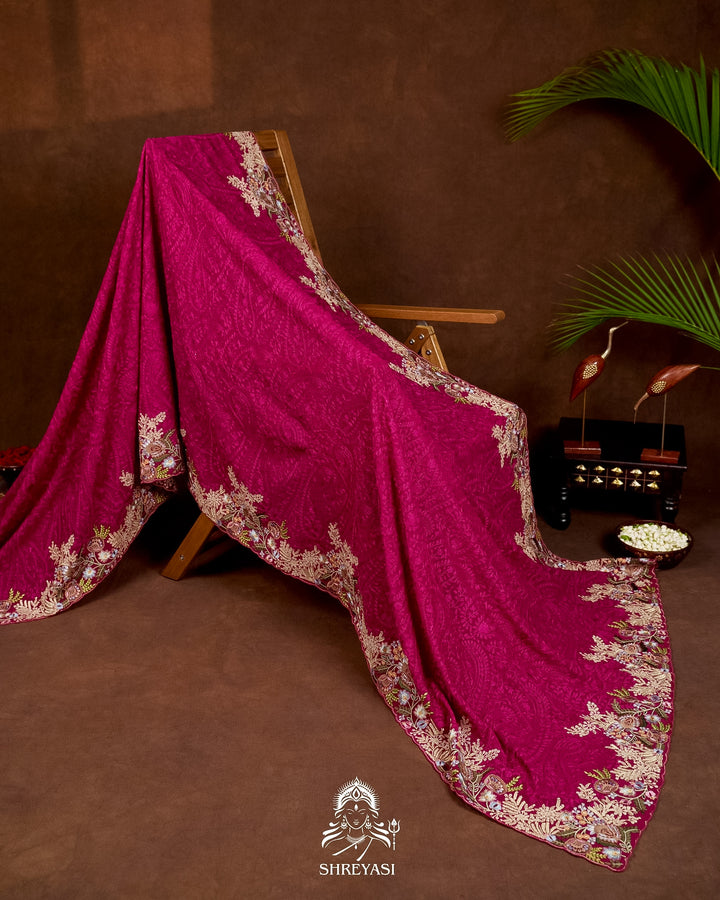 Premium Pure Georgette Chikankari Saree in Jewel Magenta with Embroidered Floral Borders