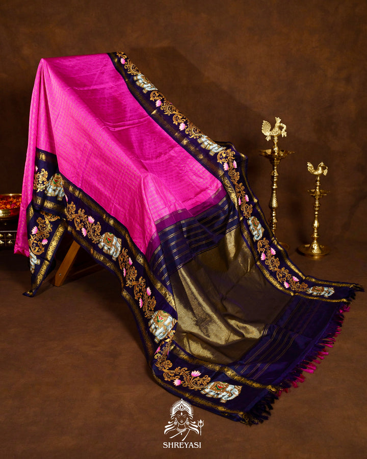 Traditional Tanjore Painting on Handloom Pure Kanjivaram Silk Sarees with Real Zari
