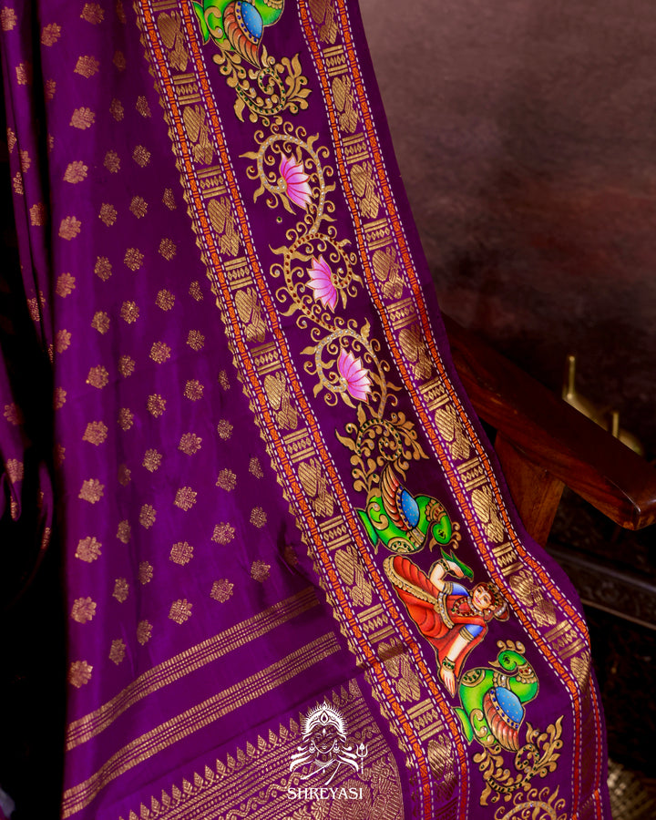 Handloom Pure Kanjivaram Silk Saree in Real Zari with Tanjore Madhura Meenakshi, Mayil and Kamalam Artwork
