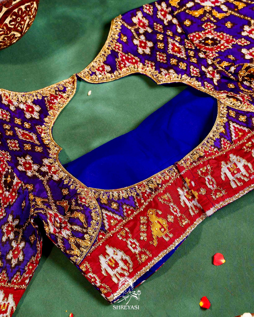 Handloom Pure Single Ikat Rajkot Patola Silk Blouse with Rich Hand Embroidery