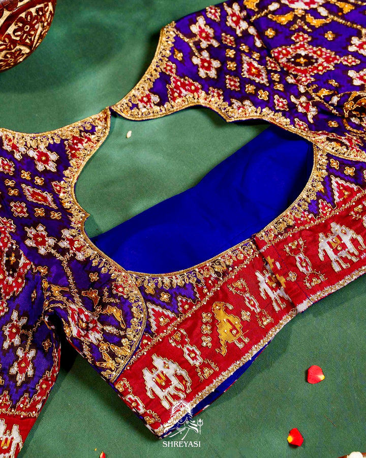 Handloom Pure Single Ikat Rajkot Patola Silk Blouse with Rich Hand Embroidery