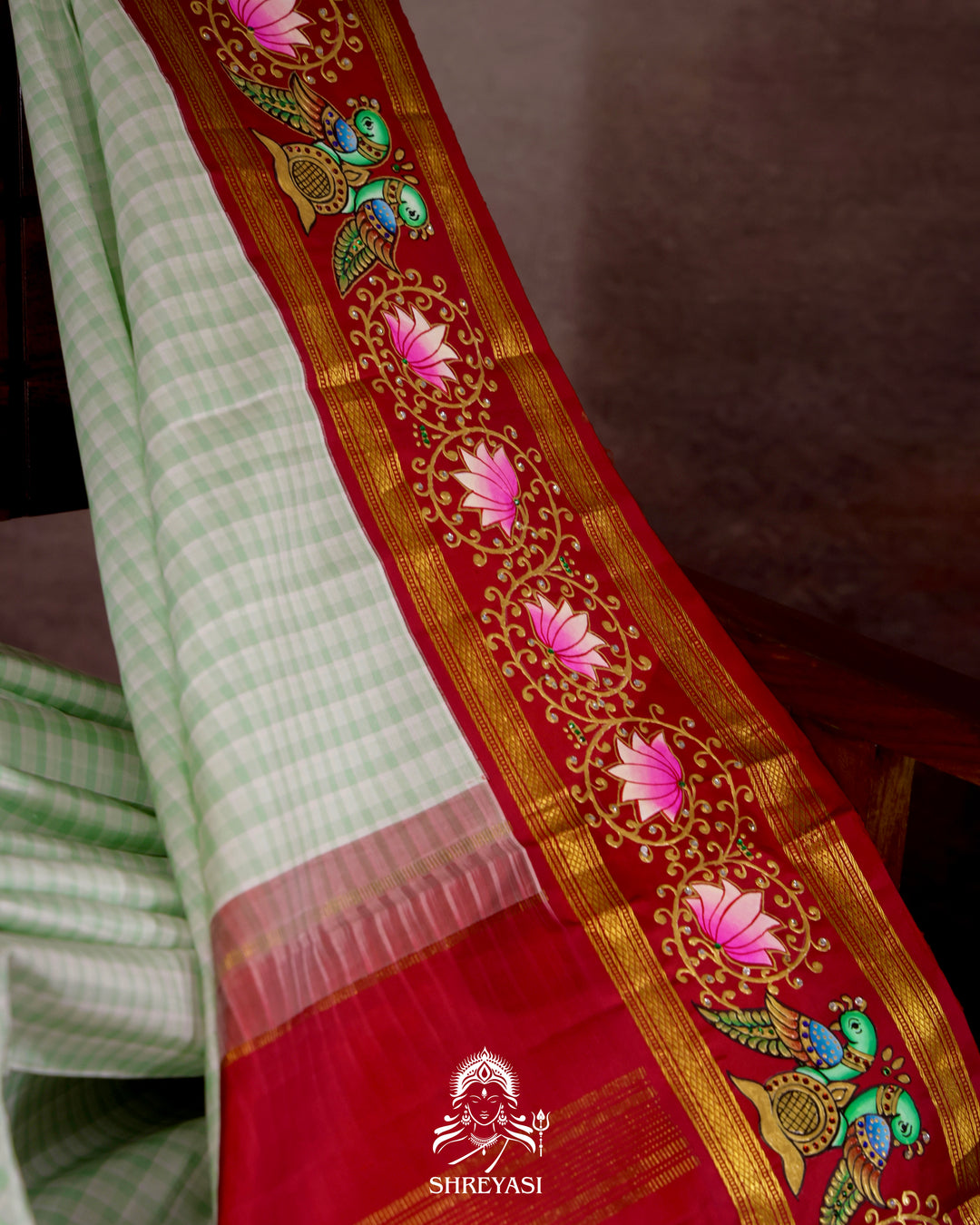 Handloom Pure Kanjivaram Silk Saree in Real Zari with Tanjore Kili and Kamalam Artwork
