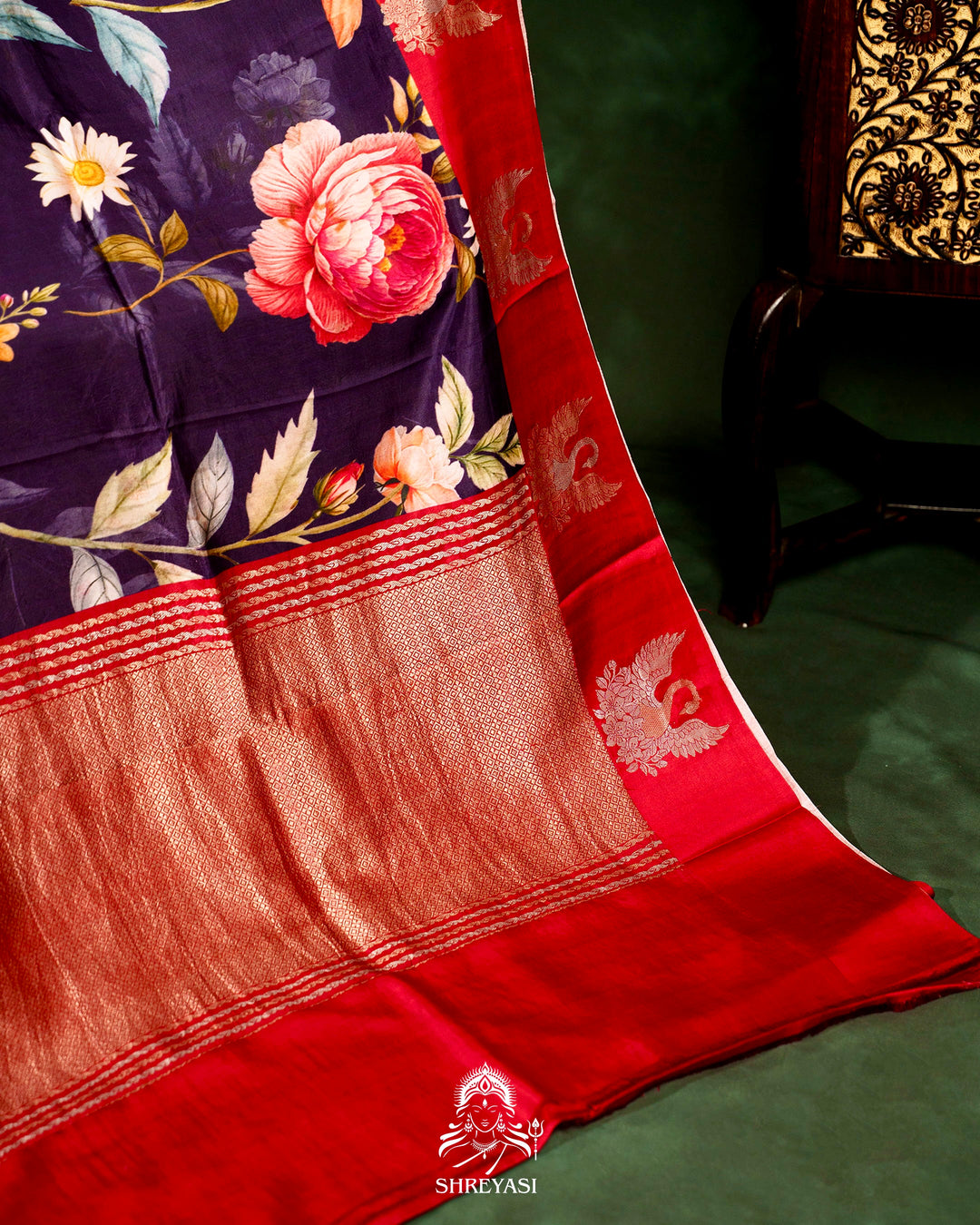Handloom Pure Banarasi Silk Saree with Floral Print and Mashru Border