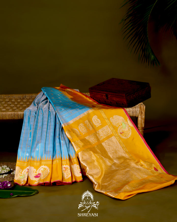 Handloom Pure Gadwal Silk Saree with Kuttu Korvai Border and Zari Peacock Motifs