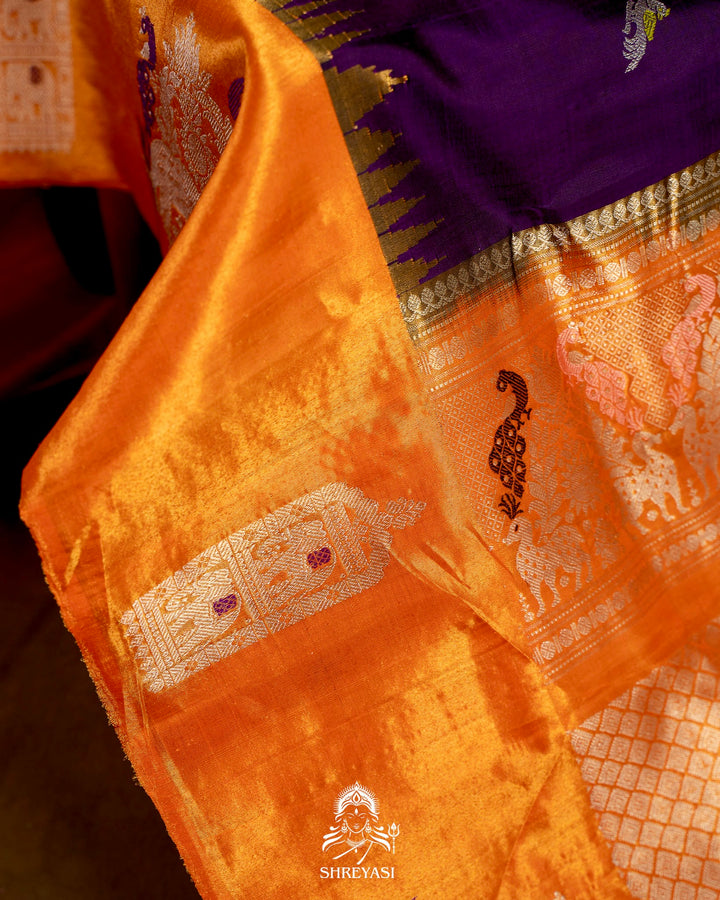 Handloom Pure Gadwal Silk Saree with Tissue Border & Contrast Full Bhuti Silk Blouse