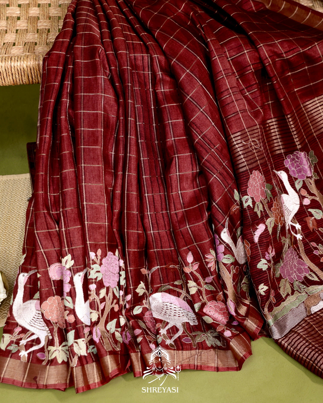 Pure Linen Tussar Silk Saree with Resham Embroidered Borders