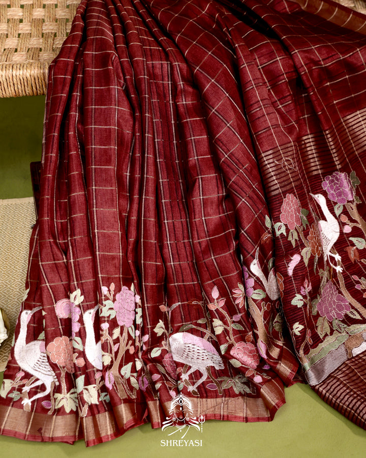 Pure Linen Tussar Silk Saree with Resham Embroidered Borders