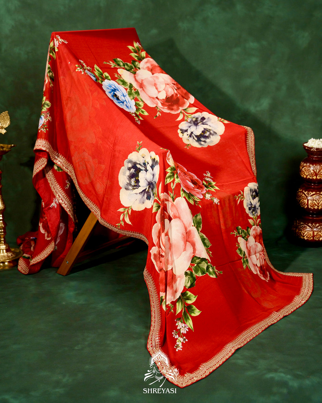 Pure Chinon Satin Silk Saree with Floral Print & Embroidered Border