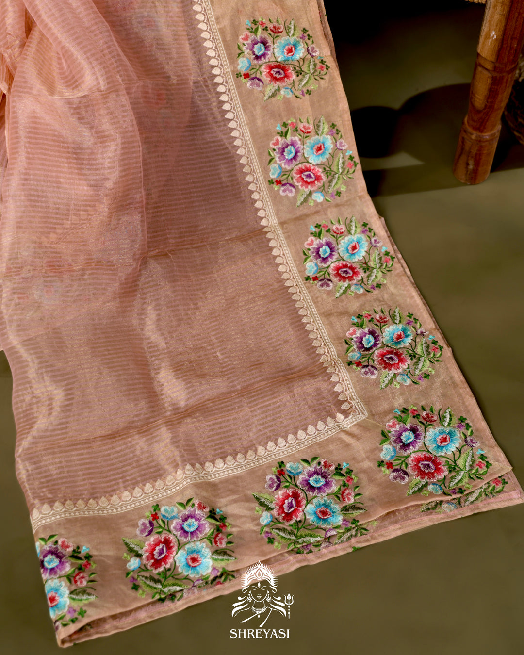 Handloom Banarasi Tissue Stripe Silk Saree with Satin Stitch Floral Embroidered Borders