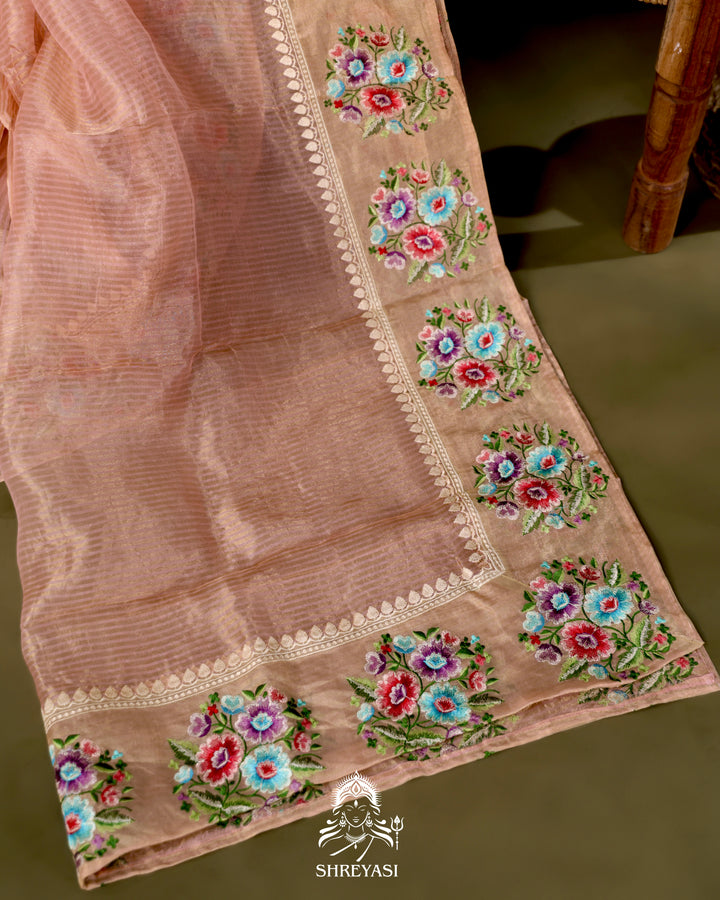 Handloom Banarasi Tissue Stripe Silk Saree with Satin Stitch Floral Embroidered Borders