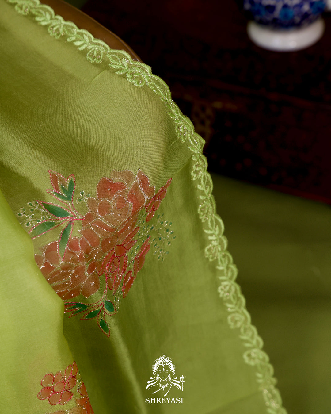 Hand Painted Floral Pure Organza Silk Saree with Pita Embroidery