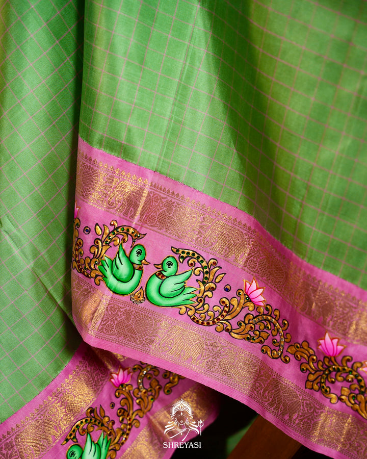 Traditional Tanjore Painting on Handloom Pure Kanjivaram Silk Sarees with Real Zari