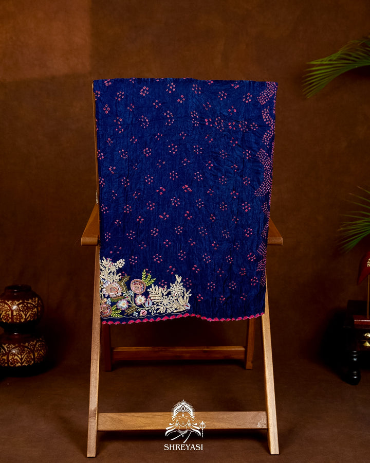 Handloom Pure Gaji Silk Bandhej Saree with Floral Embroidery