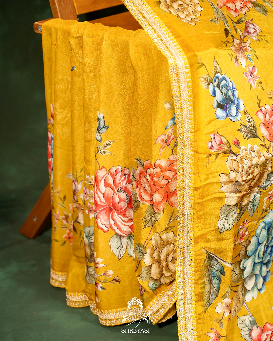 Floral Crepe Chiffon Saree with Embroidered Borders