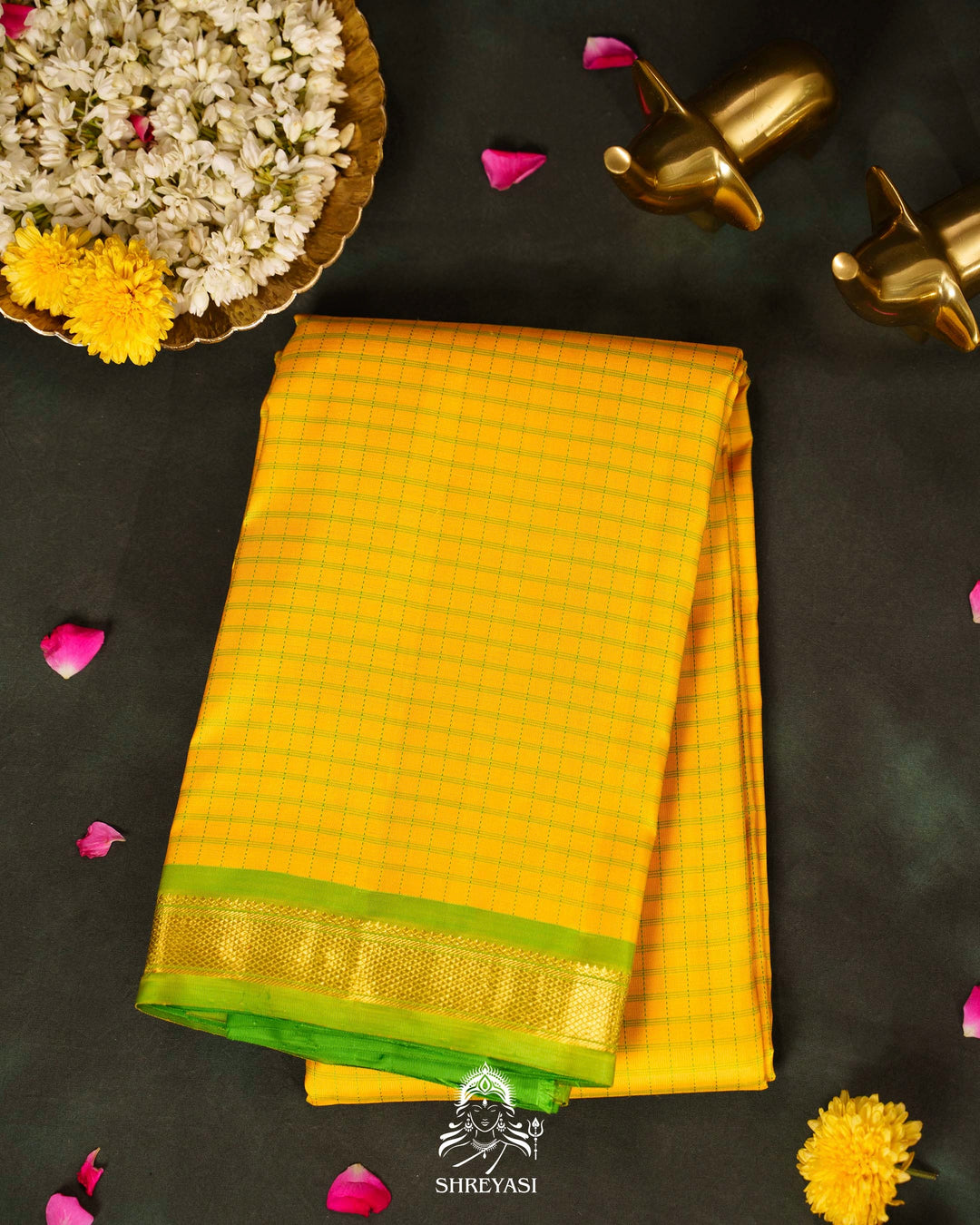 Yellow & Parrot Green Kattam Checks Kanjivaram Silk Saree