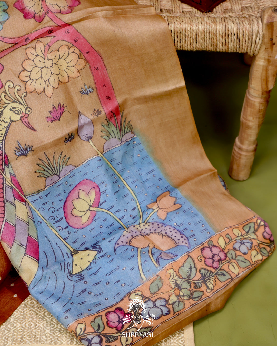Handloom Pure Tussar Silk Saree with Hand Knotted Bandhej and Pen Kalamkari Pallu and Blouse