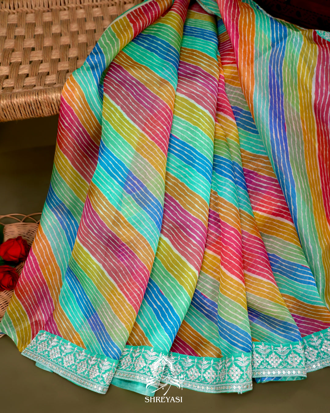 Pure Organza Silk Saree in Multicolor Leheriya with Mint Embroidered Border