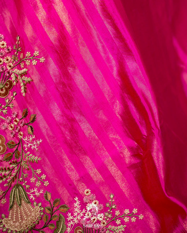 Handloom Pure Banarasi Silk Saree with Zari Stripes and Fine Resham Thread Embroidery