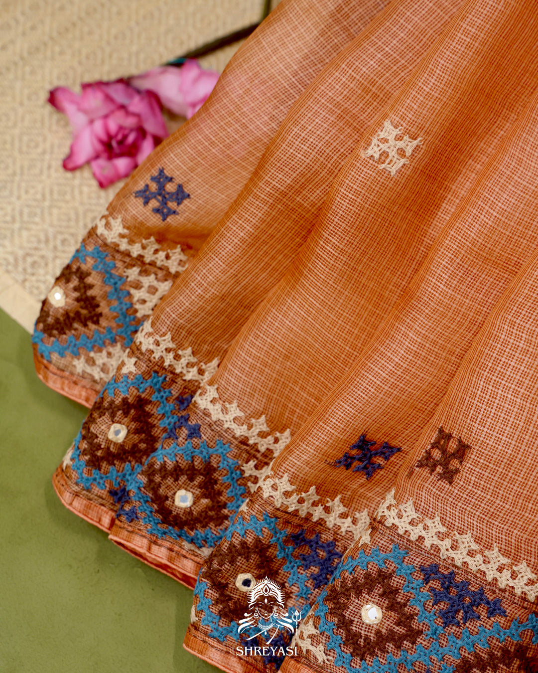 Handloom Pure Tussar Kota Saree with Kutch Hand Embroidery and Mirror Work