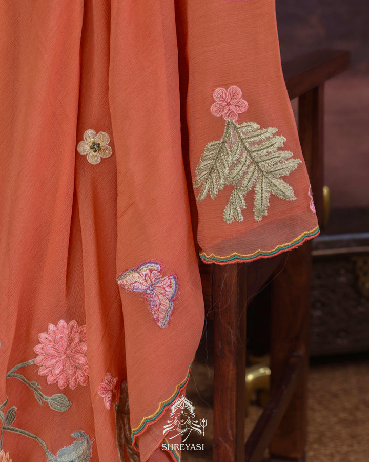 Handloom Pure Chiffon Saree with 3D Appliqué Embroidery