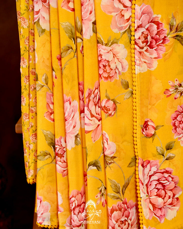 Pure Chiffon Floral Saree with Crochet Embroidery Border