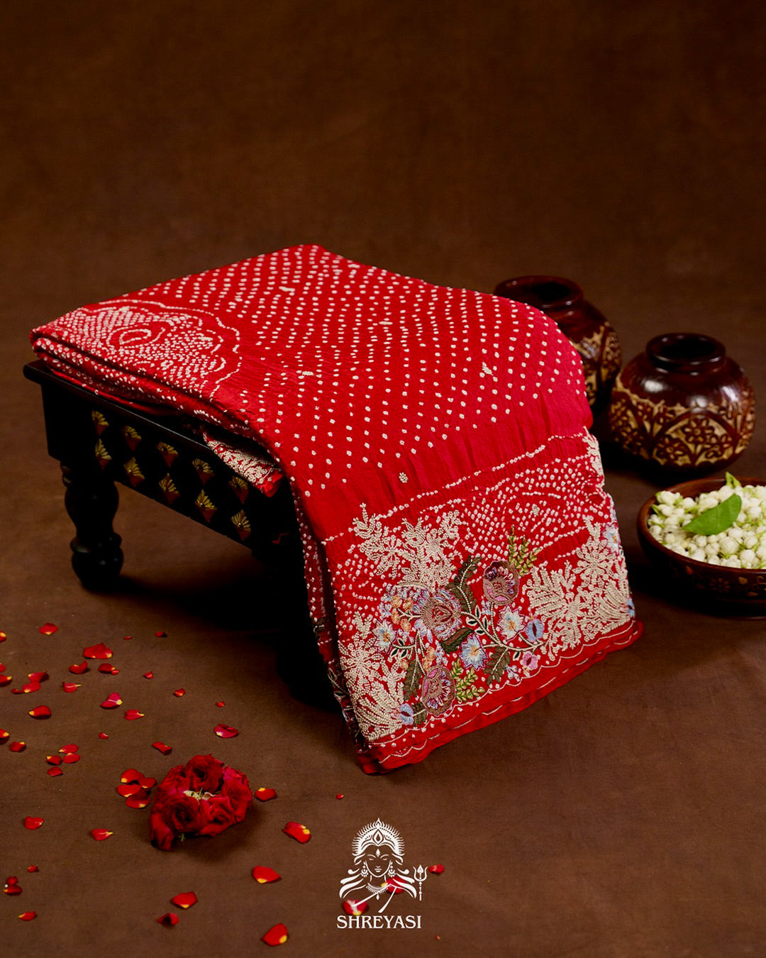 Handloom Pure Gaji Silk Bandhej Saree with Floral Embroidery in Scarlet Red