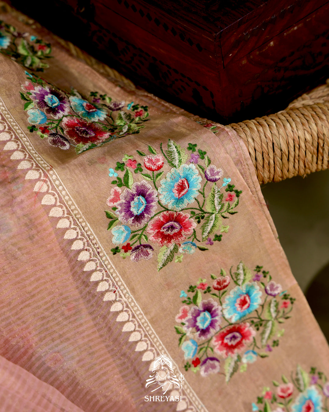 Handloom Banarasi Tissue Stripe Silk Saree with Satin Stitch Floral Embroidered Borders