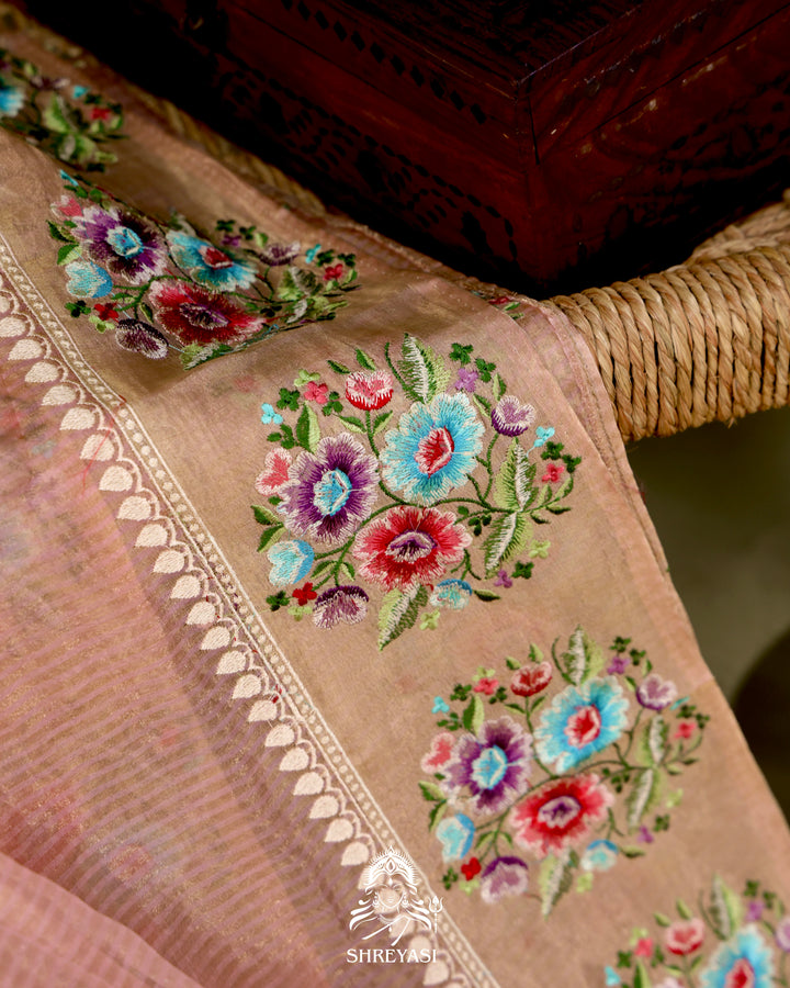 Handloom Banarasi Tissue Stripe Silk Saree with Satin Stitch Floral Embroidered Borders