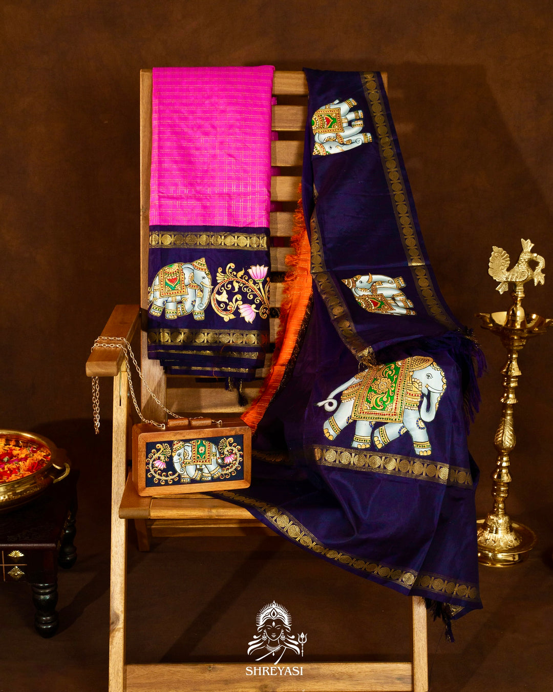 Traditional Tanjore Painting on Handloom Pure Kanjivaram Silk Sarees with Real Zari