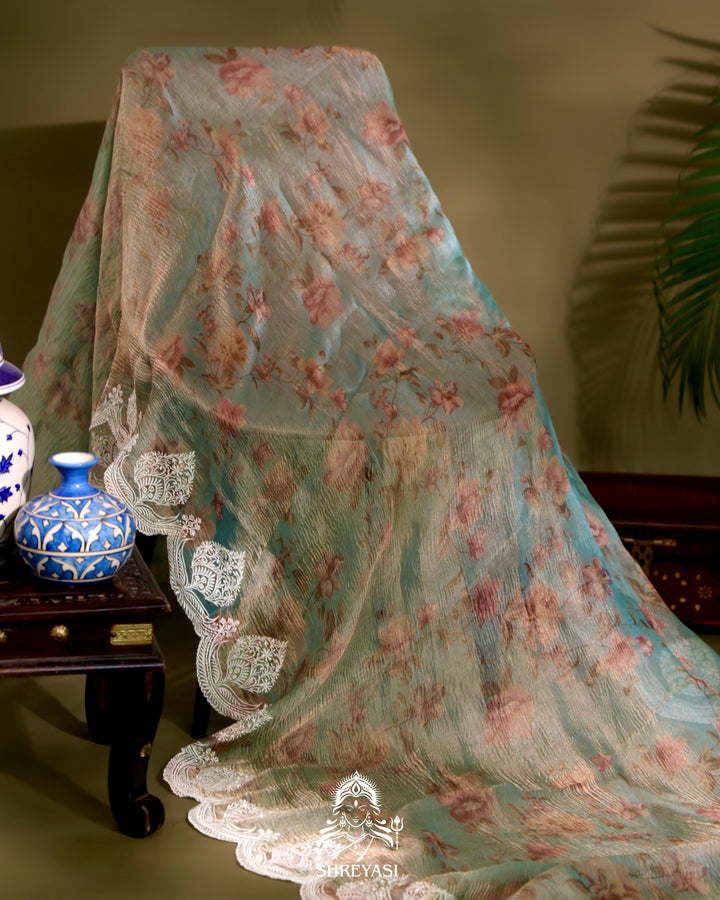 Handloom Pure Crushed Ektara Tissue Silk Saree with Floral Print and Scallop Embroidery