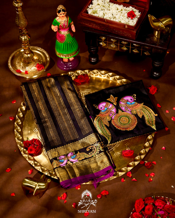 Handloom Pure Kanjivaram Silk Sarees with Real Zari and Hand Painted Tanjore Art