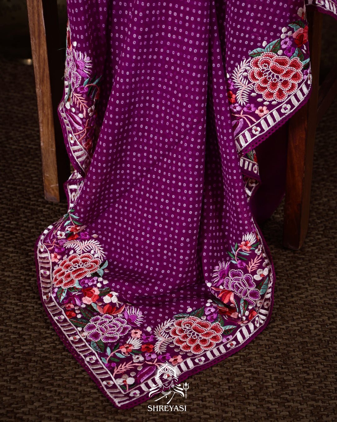 Pure Georgette Saree with Parsi Gara Style Embroidered Borders and Bandhej Body